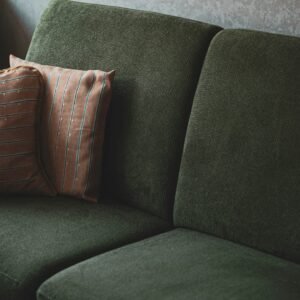 Striped cushions on green sofa