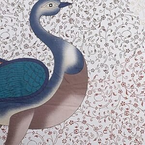 Close-up of blue-grey peacock print on white bedsheet with brown floral jaal pattern