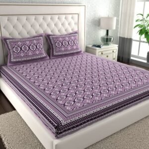 Lavender purple trellis buti print double bedsheet with two matching pillow covers on a bed