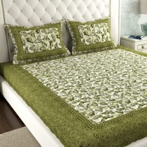 Olive green leaf print double bedsheet with olive border and two matching pillow covers