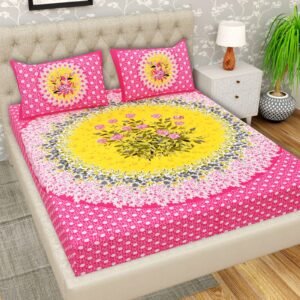 Hot pink polka dot double bedsheet with yellow rose floral medallion and matching pillow covers