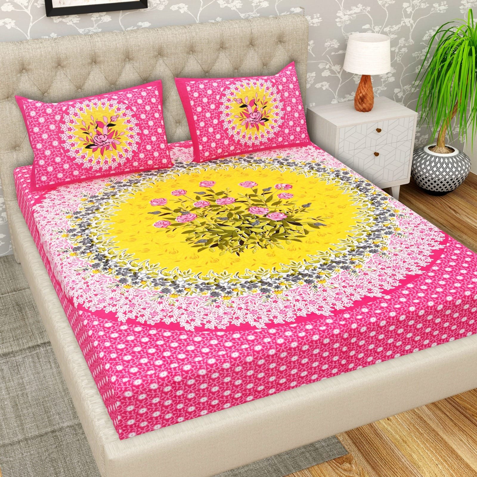 Hot pink polka dot double bedsheet with yellow rose floral medallion and matching pillow covers