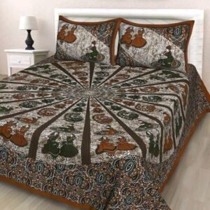 Brown and olive Rajasthani radial print double bedsheet with folk figures and paisley border