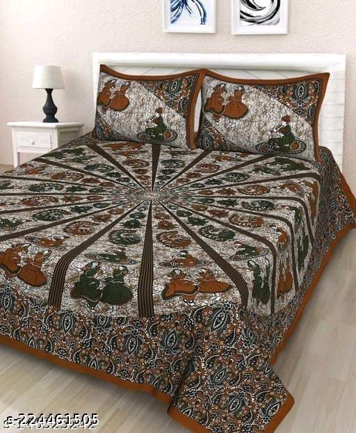 Brown and olive Rajasthani radial print double bedsheet with folk figures and paisley border