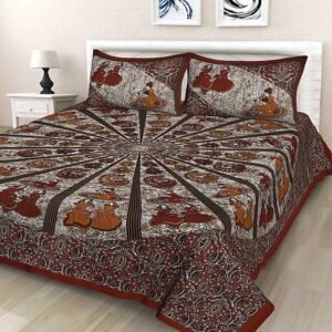 Maroon Rajasthani radial print double bedsheet with folk figures and matching pillow covers