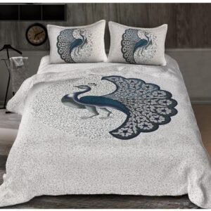 White and grey double bedsheet with large teal-grey peacock print and matching peacock pillow covers