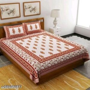 White Jaipuri double bedsheet with red floral buti and red borders with matching pillow covers