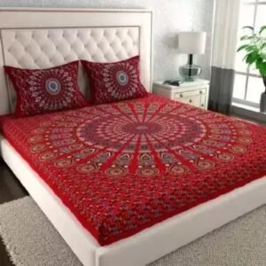 Red double bedsheet with large peacock feather mandala print and matching mandala pillow covers