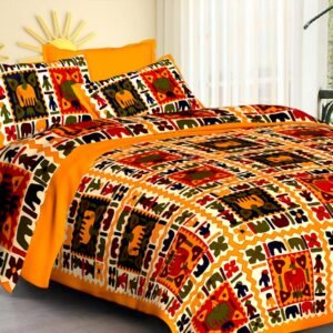 Orange and yellow tribal elephant patchwork print double bedsheet with matching pillow covers