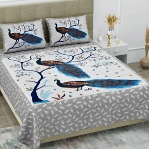 Grey and white double bedsheet with three blue peacocks on a tree branch and peacock pillow covers