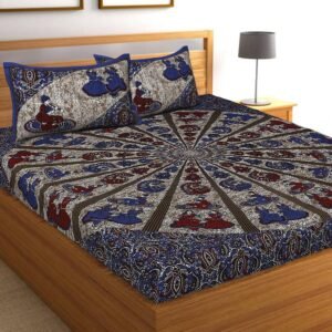 Navy blue Rajasthani radial print double bedsheet with red folk figures and paisley border