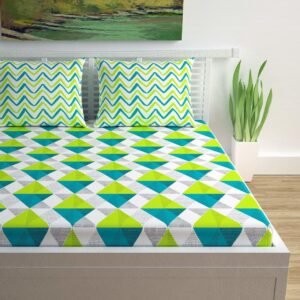 Lime green and teal geometric diamond print double bedsheet with chevron pillow covers
