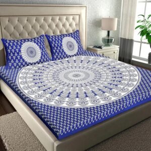 Royal blue double bedsheet with large white peacock feather mandala and matching pillow covers