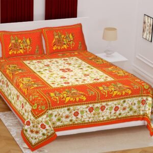 Orange Rajasthani double bedsheet with elephant and rider borders and cream floral centre