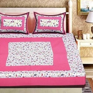 Pink and white floral patchwork double bedsheet with pink dotted frame and matching pillow covers