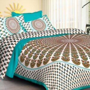 White double bedsheet with olive peacock feather sunburst, teal band and mandala pillow covers