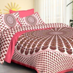 White double bedsheet with maroon peacock feather sunburst, pink band and mandala pillow covers