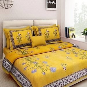 Mustard yellow double bedsheet with lilac floral sprigs and grey border with matching pillow covers
