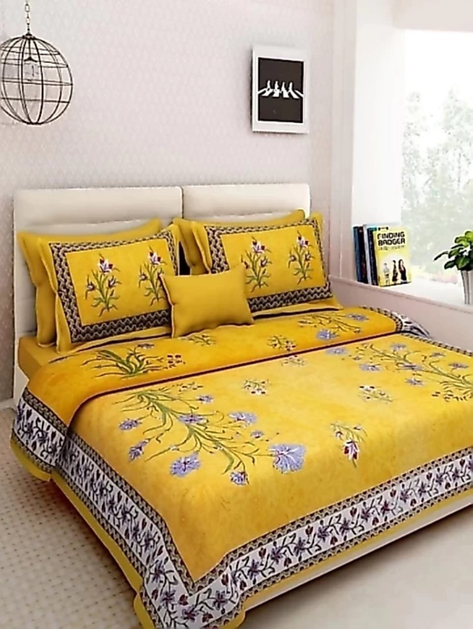 Mustard yellow double bedsheet with lilac floral sprigs and grey border with matching pillow covers