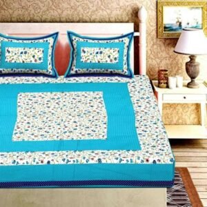 Sky blue and white floral patchwork double bedsheet with navy dotted edge and matching pillow covers