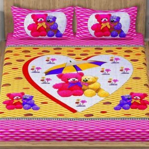Yellow kids double bedsheet with pink teddy bears under an umbrella in a heart and teddy pillow covers