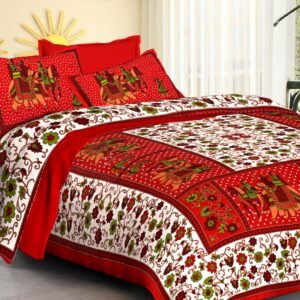 White floral double bedsheet with red Rajasthani elephant panels and matching elephant pillow covers
