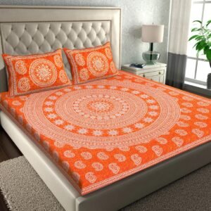 Orange double bedsheet with large white mandala and paisley print and matching mandala pillow covers