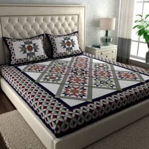 Star quilt patchwork print double bedsheet in navy, red and green with matching star pillow covers