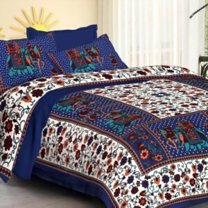 White floral double bedsheet with navy blue Rajasthani elephant panels and matching pillow covers