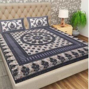 Grey and white Jaipuri double bedsheet with floral medallion, navy striped frame and pillow covers