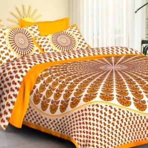 White double bedsheet with orange peacock feather sunburst, yellow band and mandala pillow covers