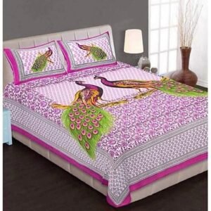 Pink and white double bedsheet with two green-tailed peacocks on a branch and peacock pillow covers