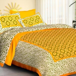 Cream double bedsheet with olive swirls and mustard yellow dotted circle panel with pillow covers