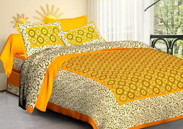 Cream double bedsheet with olive swirls and mustard yellow dotted circle panel with pillow covers