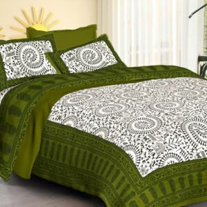 White double bedsheet with black Warli tribal art print and olive green borders with pillow covers
