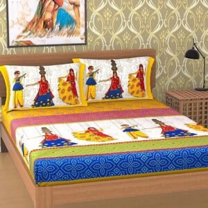 Rajasthani folk dancer print double bedsheet with blue bandhani band and matching dancer pillow covers