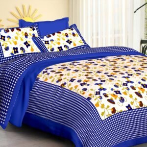 White floral double bedsheet with blue gingham check border and matching pillow covers