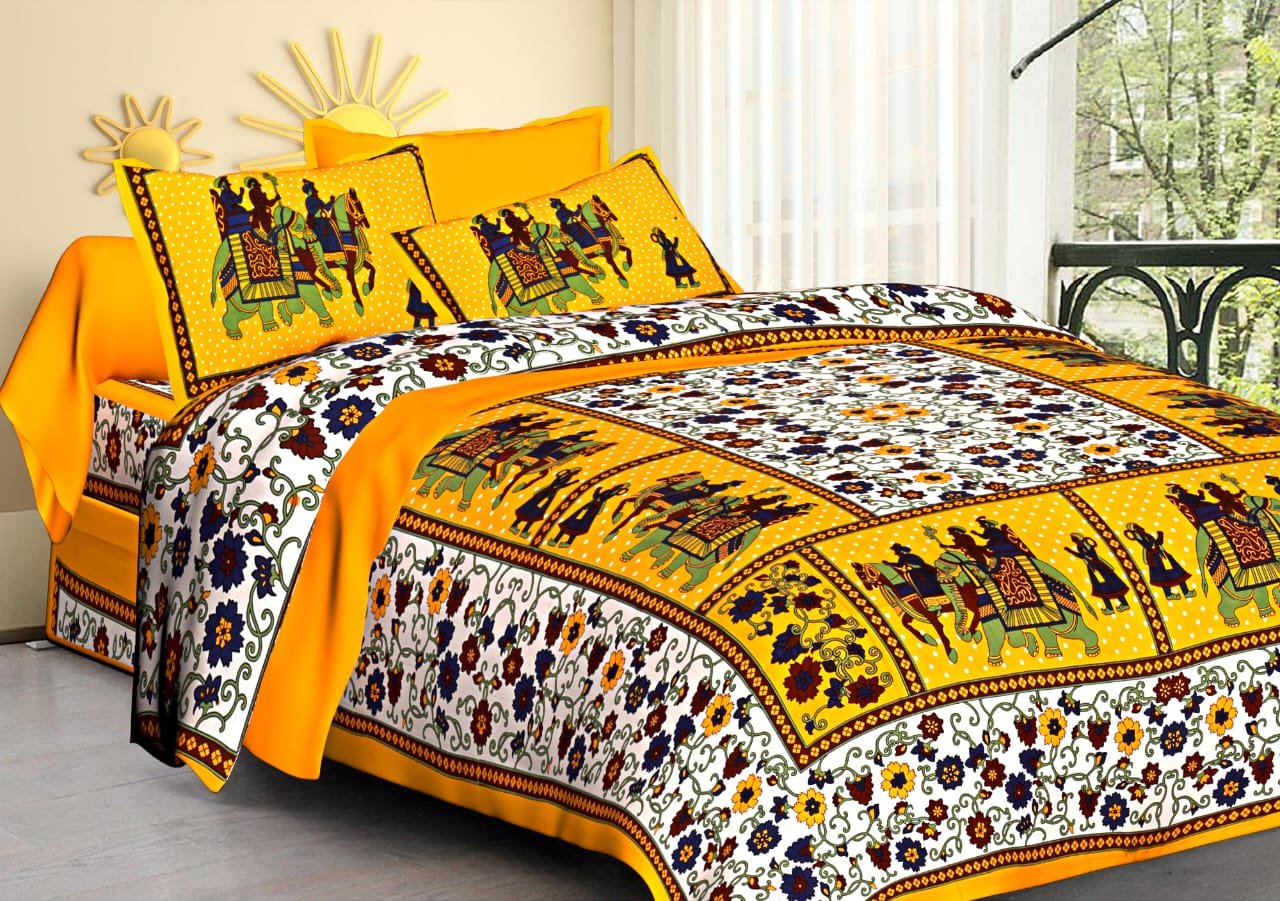 Yellow Rajasthani elephant panel Jaipuri double bedsheet with pillow covers