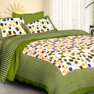 Cream floral double bedsheet with green gingham check border and matching pillow covers