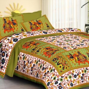 White floral double bedsheet with green Rajasthani elephant and rider panels and matching pillow covers