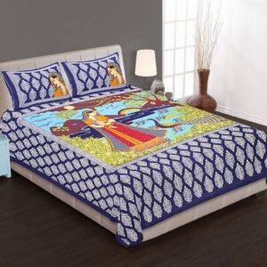 Navy blue buti double bedsheet with Rajasthani lady and peacock scene and portrait pillow covers