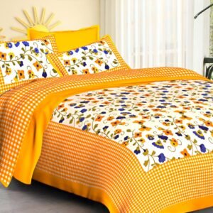 White floral double bedsheet with orange gingham check border and matching pillow covers