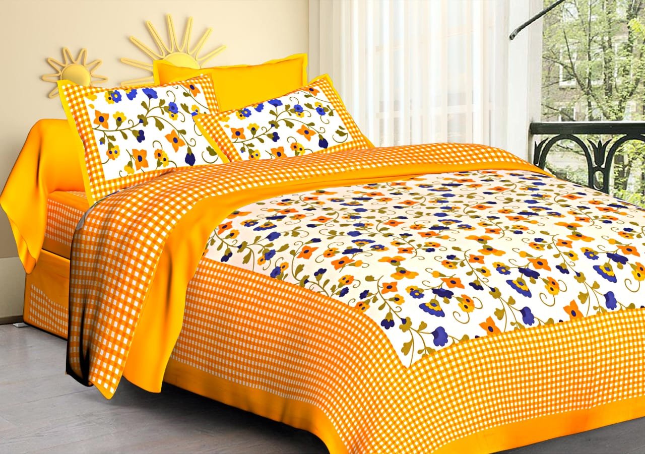 Orange gingham check floral cotton double bedsheet