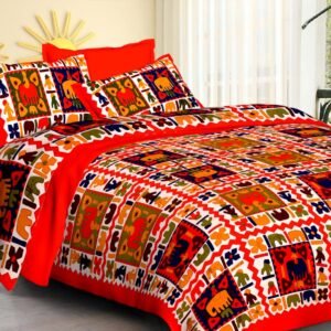 Red tribal elephant patchwork print double bedsheet with folk figures and matching pillow covers
