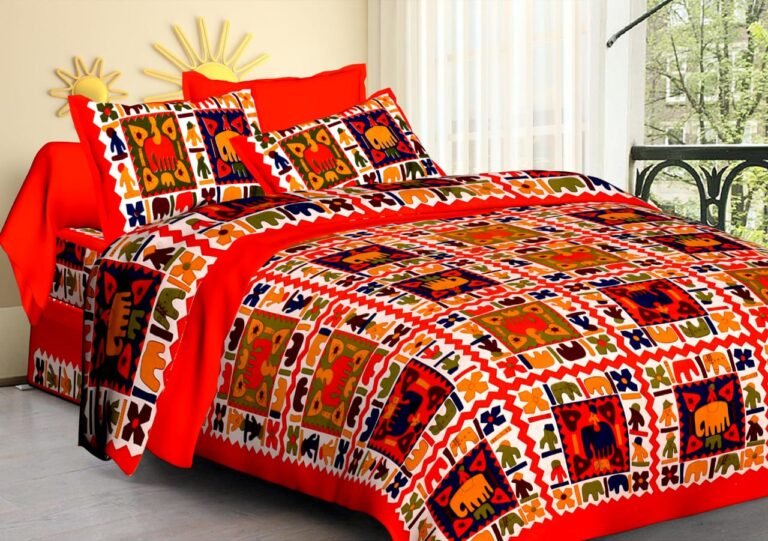 Red tribal elephant patchwork print double bedsheet with folk figures and matching pillow covers