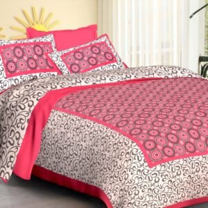 Cream double bedsheet with grey swirls and coral pink dotted circle panel with matching pillow covers
