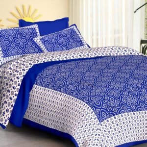 Royal blue bandhani style dotted print double bedsheet with white buti border and pillow covers