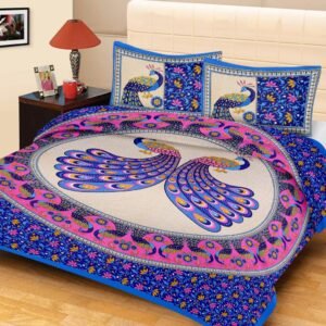 Royal blue floral double bedsheet with cream peacock medallion, pink peacock ring and pillow covers