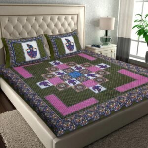 Olive green double bedsheet with folk dancer tiles in rangoli layout, pink panels and dancer pillow covers
