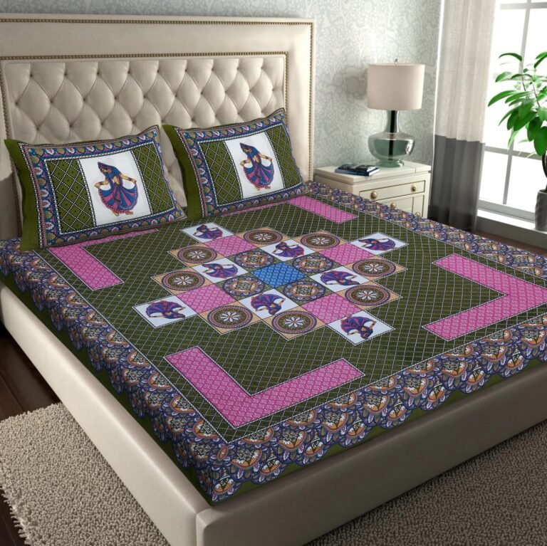 Olive green double bedsheet with folk dancer tiles in rangoli layout, pink panels and dancer pillow covers